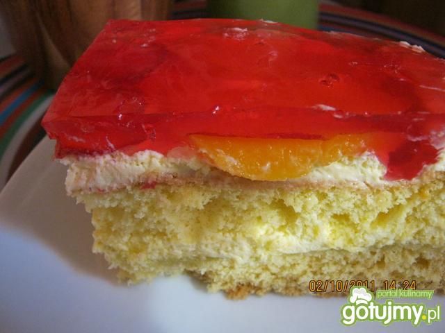 Biszkopt z galaretką i owocami.