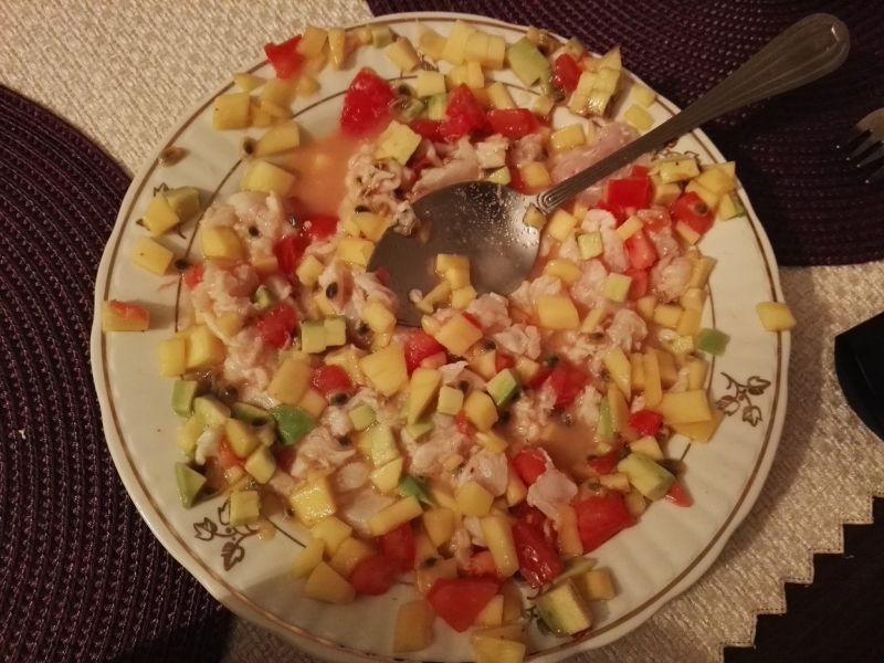Ceviche z dorsza z owocami (mango, kiwi, ananas) 