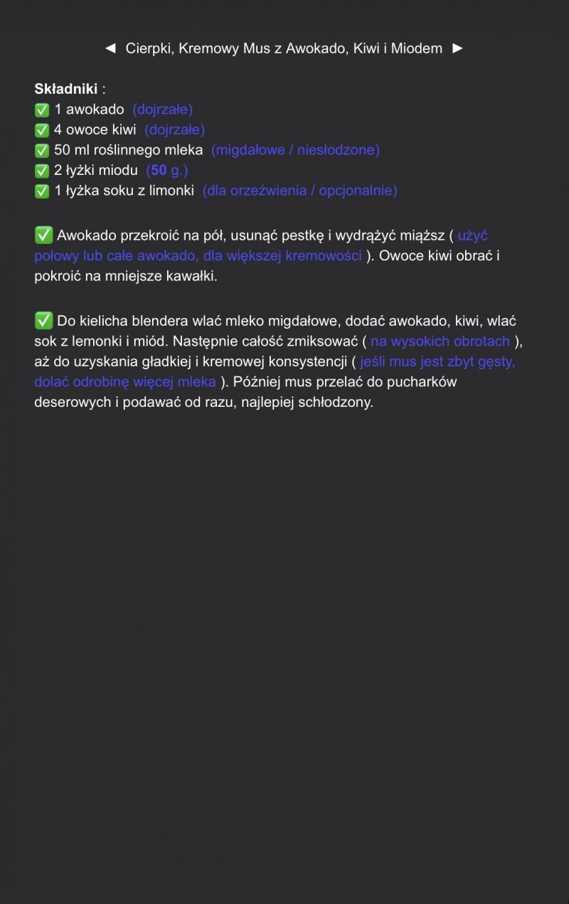 Cierpki, kremowy mus z awokado, kiwi i miodem