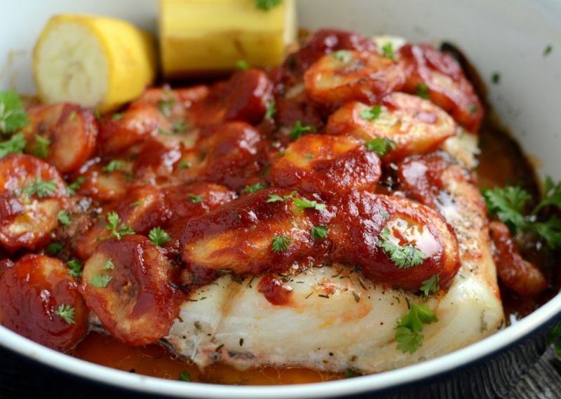 Dorsz pieczony z bananami Dorsz pieczony z bananami