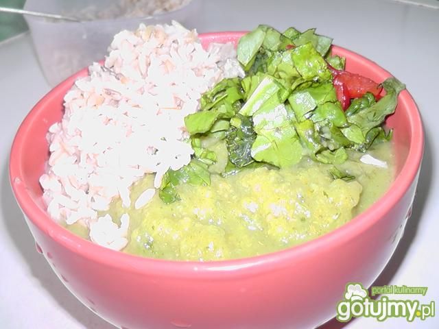 Gęsty krem brokułowy z ryżem i sałatką