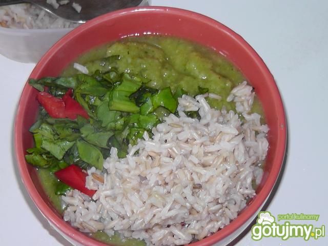 Gęsty krem brokułowy z ryżem i sałatką