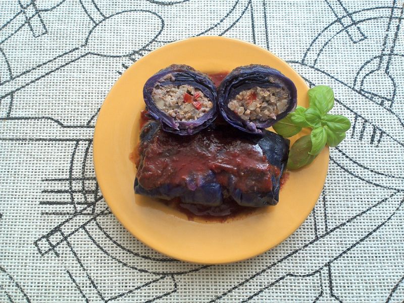 Gołąbki z czerwonej kapusty z kaszą z samopszy  