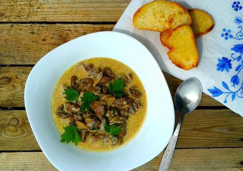 Gulasz z serc drobiowych w sosie śmietanowo-grzybo Gulasz z serc drobiowych w sosie śmietanowo-grzybo