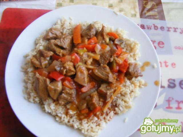 Indyk w sosie słodko-kwaśnym z  ryżem