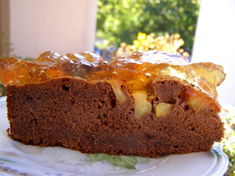 Jabłkowo-śliwkowe ciasto kakaowe z galaretką