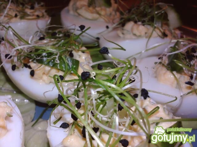 Jaja nadziewane z ogórkiem i kiełkami Jaja nadziewane z ogórkiem i kiełkami