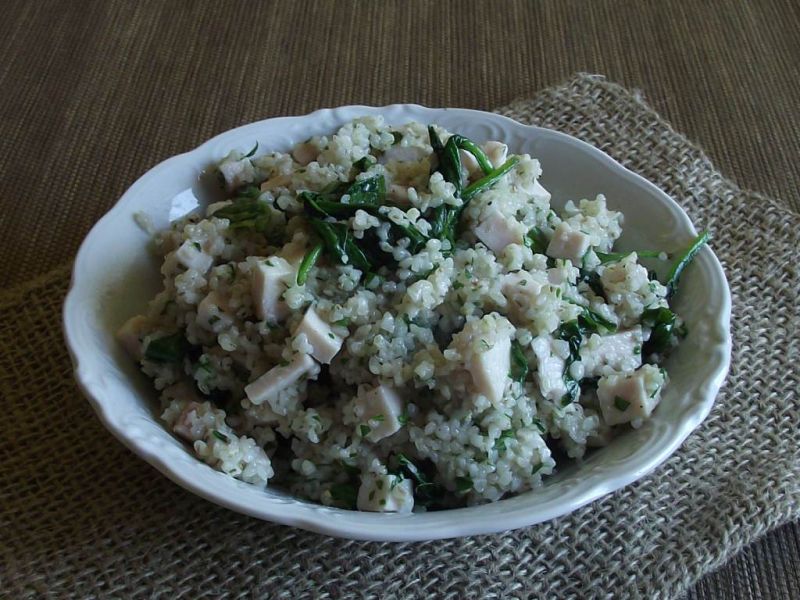 Kaszotto ze szpinakiem i gotowanym kurczakiem 