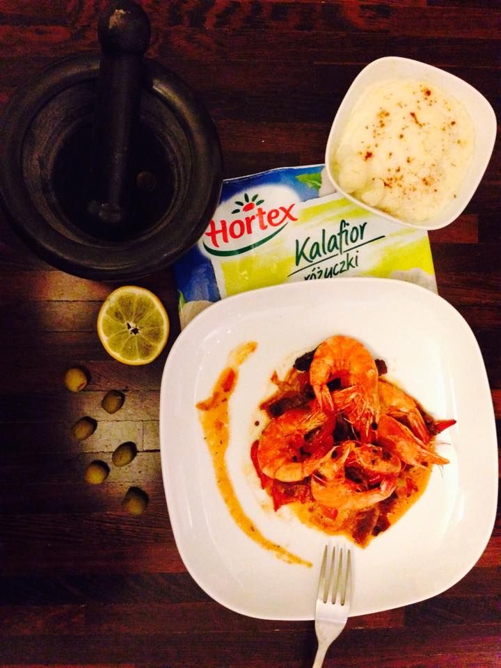 Krewetki po Portugalsku z musem z kalafiora 