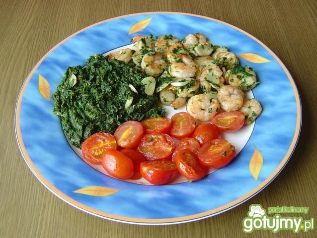 Krewetki  z  Szpinakiem  i  Pomidorkami Krewetki  z  Szpinakiem  i  Pomidorkami