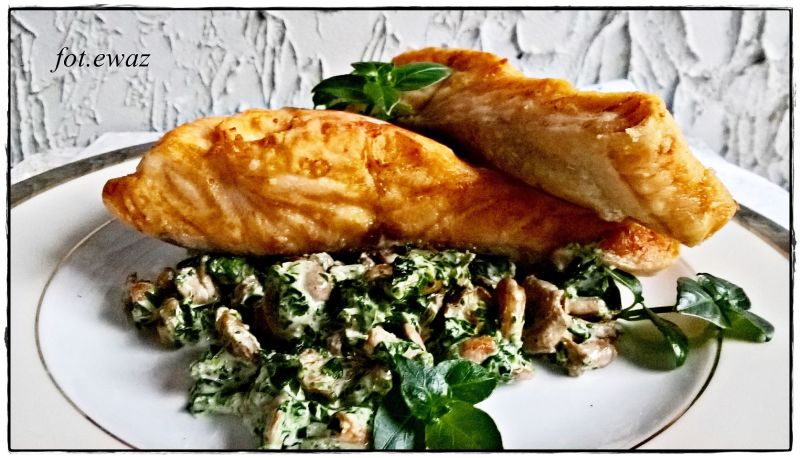 Łosoś na kurkowo szpinakowej pierzynce 