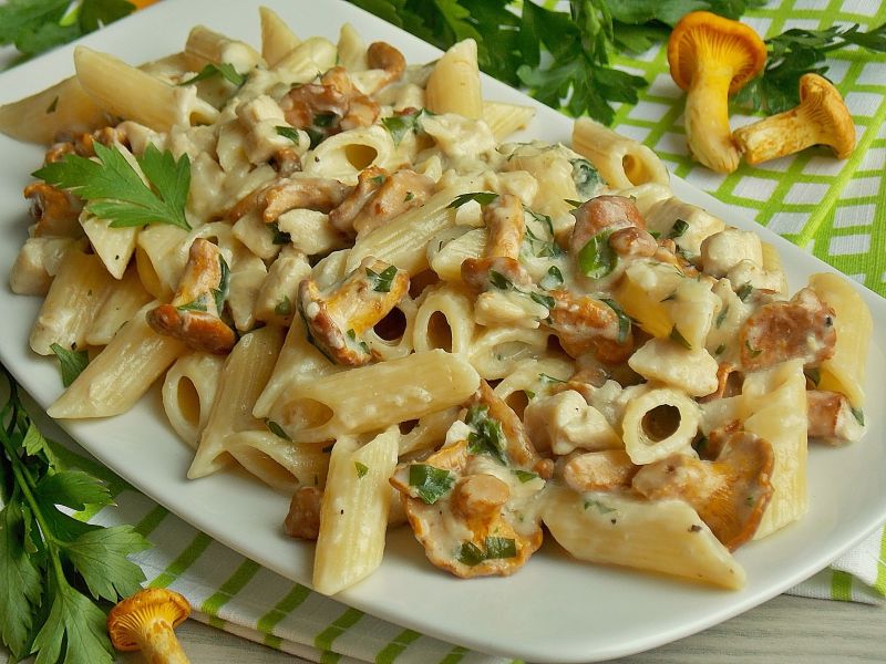 Makaron penne w śmietankowym sosie z kurkami