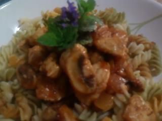 Makaron swiderki z kurczakiem i sosem. Makaron swiderki z kurczakiem i sosem.