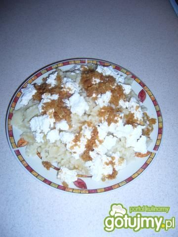 Makaron z białym serem i skwarkami. Makaron z białym serem i skwarkami.