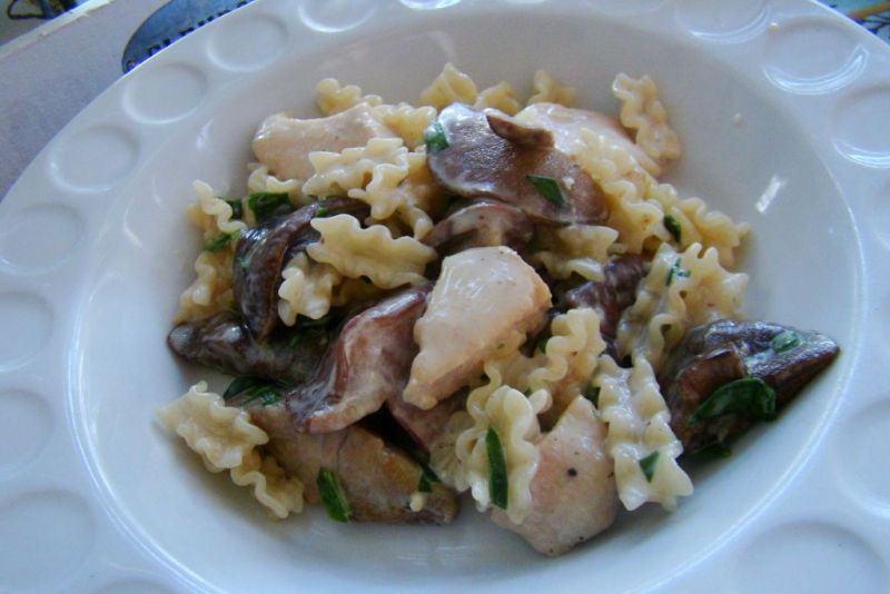 Makaron z maślakami, kurczakiem i czosnkiem