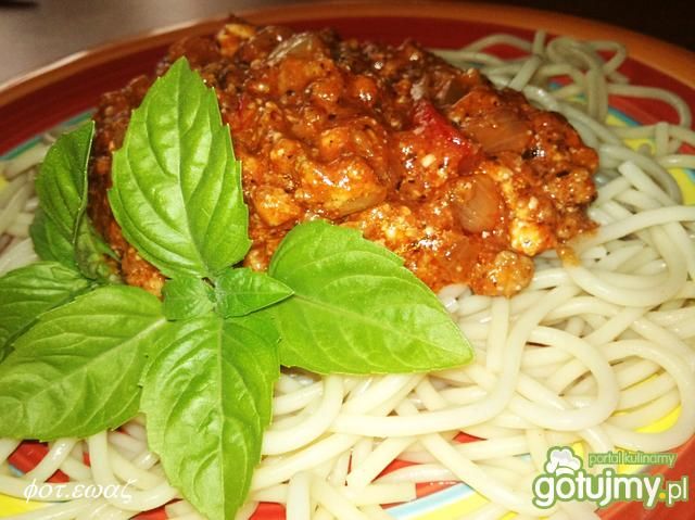 Makaron z sosem mięsno serowym