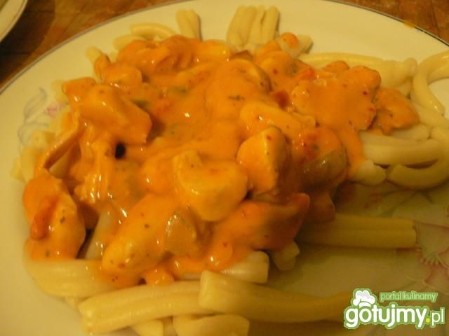 Makaron z sosem paprykowym.
