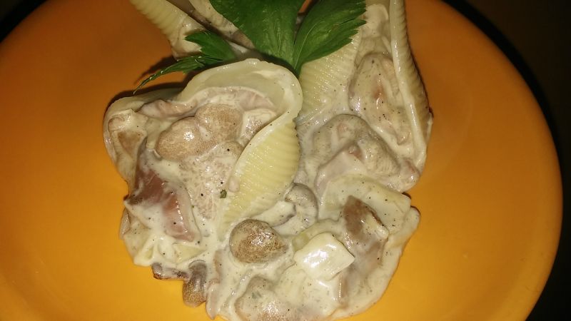 Maślaki w sosie śmetanowym z muszlami makaronowymi Maślaki w sosie śmetanowym z muszlami makaronowymi