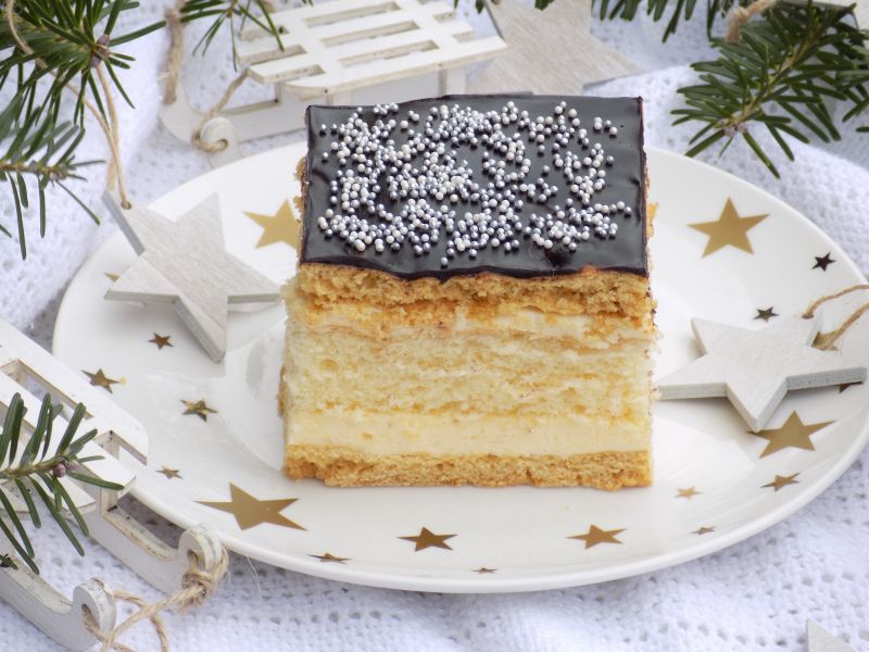 Miodownik z kremem budyniowym, polewą i biszkoptem