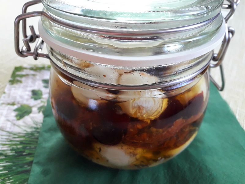 Mozzarella w oleju z pomidorami i żurawią Mozzarella w oleju z pomidorami i żurawią