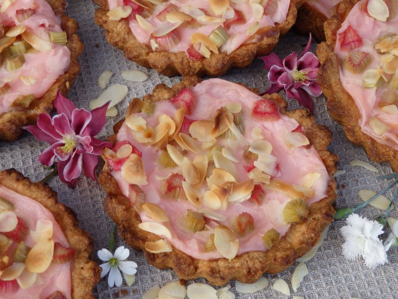 Orkiszowe mini tarty z budyniem i rabarbarem