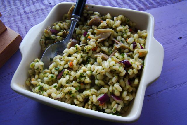 Pęczak z czerwoną cebulą i boczniakami