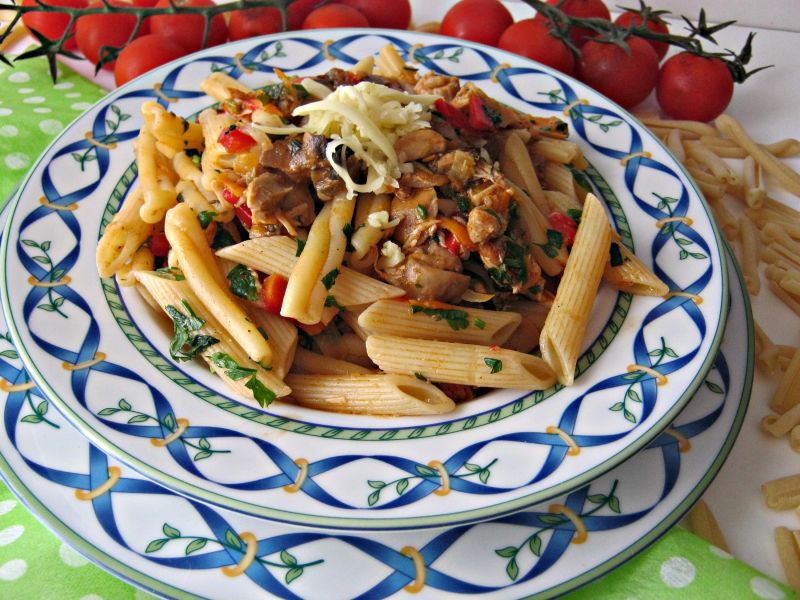 Penne i casarecce z ugotowanym mięsem w sosie