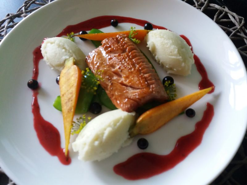 Pstrąg na porzeczkach z puree kalafiorowym