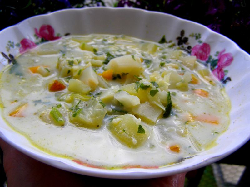 Pyszna zupa z młodych warzyw na maśle i z mlekiem