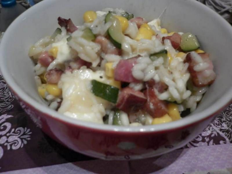 Risotto cukiniowo - kukurydziane na surowym boczku Risotto cukiniowo - kukurydziane na surowym boczku