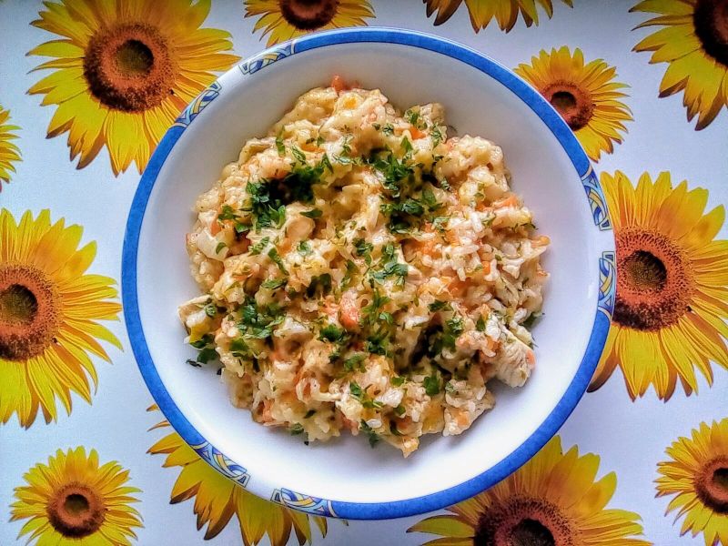 Risotto z piersią kurczaka, porem, marchewką Risotto z piersią kurczaka, porem, marchewką