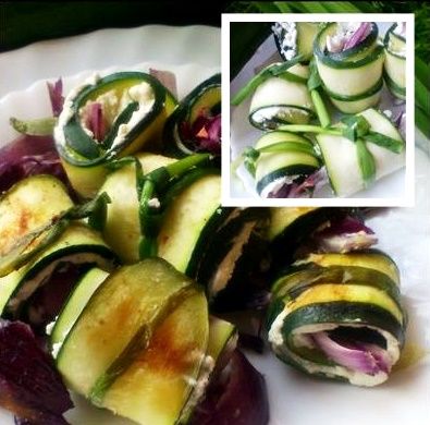 Roladki z cukinii z serkiem i czerwoną cebulą