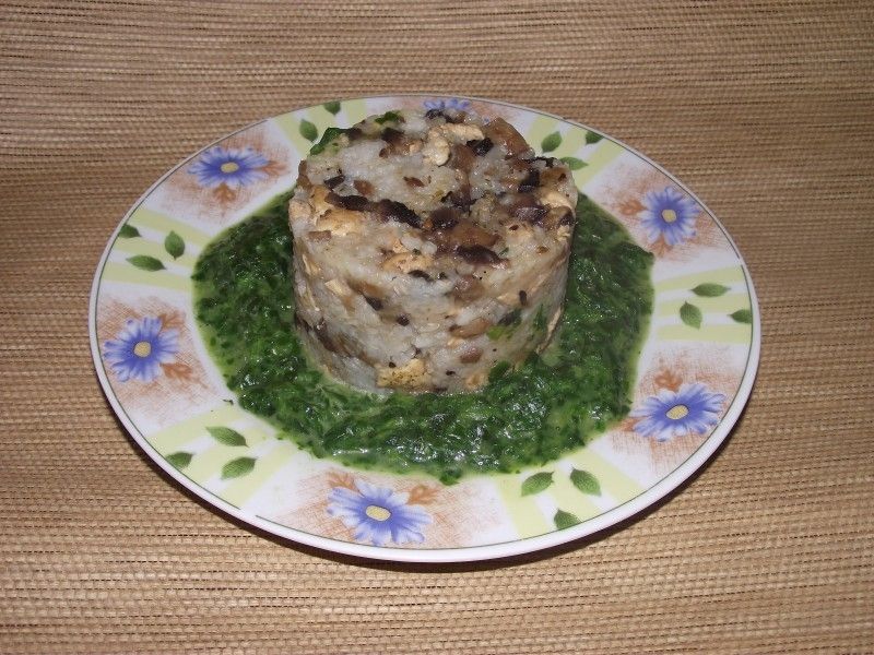 Ryż z kurczakiem i pieczarkami na szpinaku