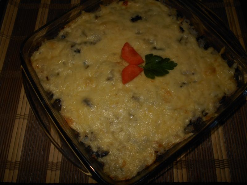 Ryż zapiekany z pieczarkami i serem