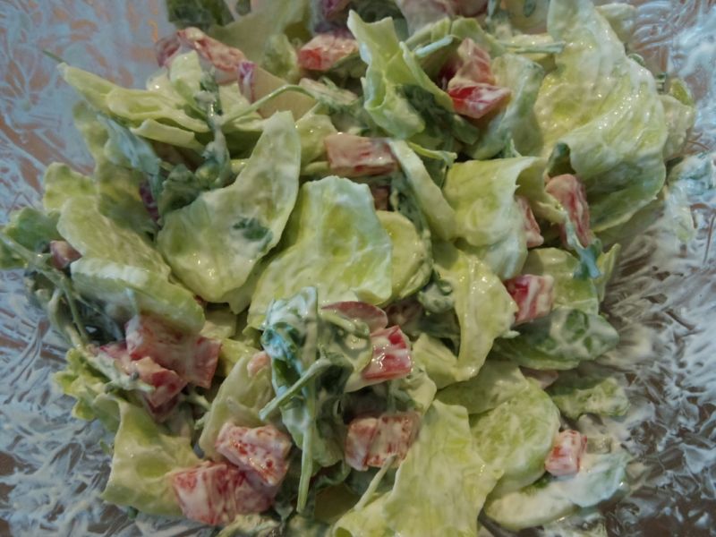 Sałata z warzywami i sosem czosnkowym