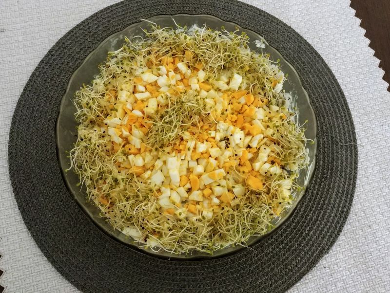 Sałatka warstwowa z wędzonym kurczakiem i kiełkami