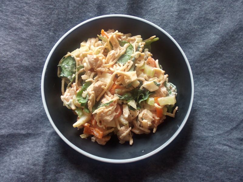 Sałatka z kurczakiem ,makaronem i szpinakiem Sałatka z kurczakiem ,makaronem i szpinakiem