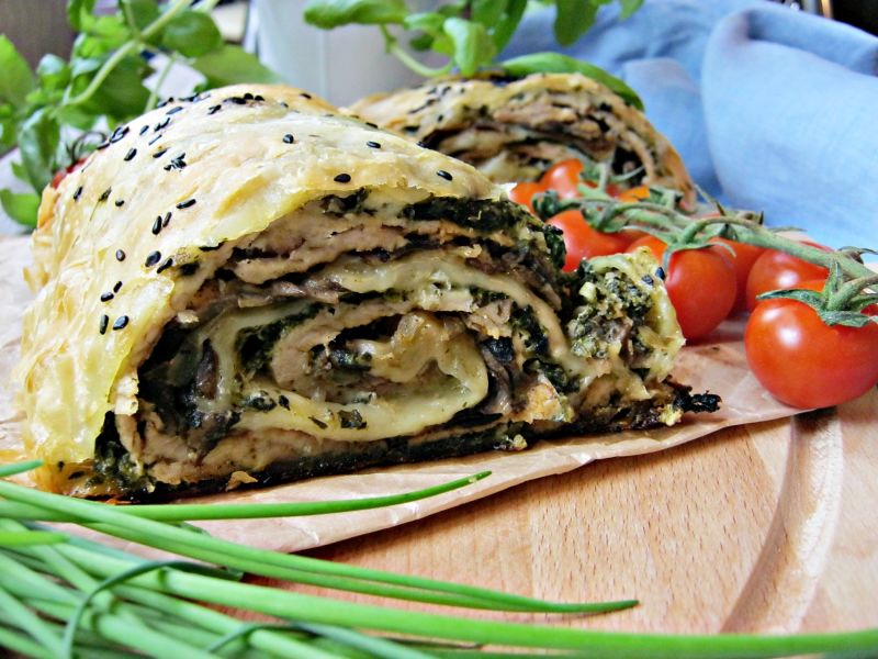 Schab w cieście francuskim ze szpinakiem