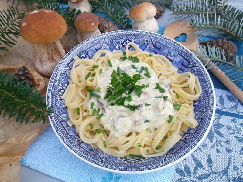 Sos grzybowo-serowy podany z makaronem