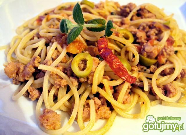 Spagehtti z oliwkami i zielonym pieprzem Spagehtti z oliwkami i zielonym pieprzem