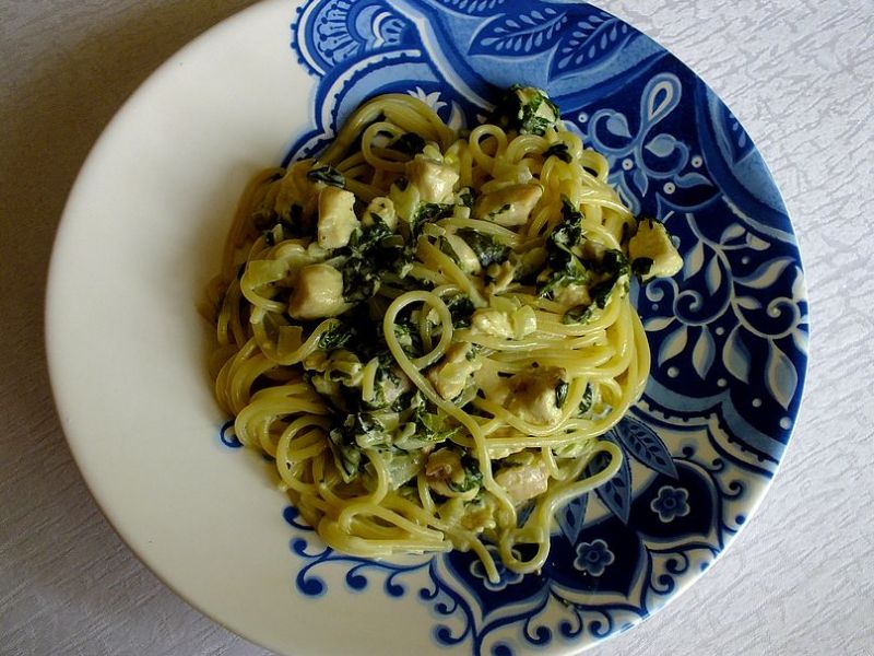 Spaghetti drobiowe ze szpinakiem Spaghetti drobiowe ze szpinakiem