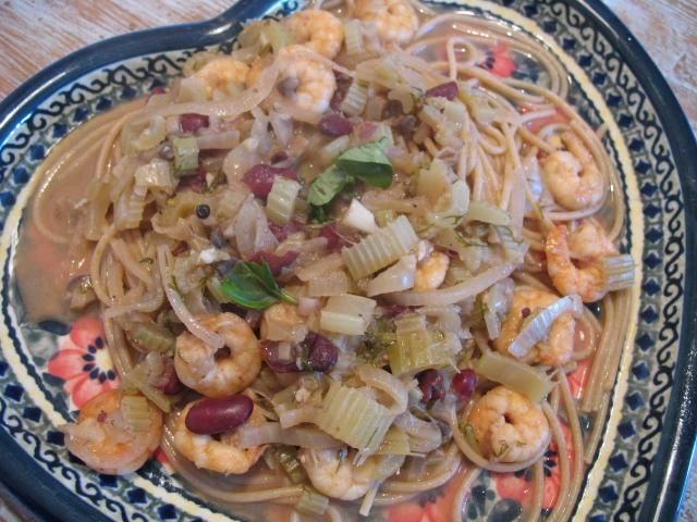 Spaghetti krewetkowe z fasolą