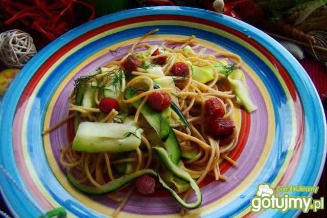 Spaghetti razowe z cukinią i kabanosem  Spaghetti razowe z cukinią i kabanosem