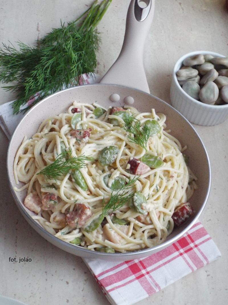 Spaghetti z boczkiem i bobem Spaghetti z boczkiem i bobem