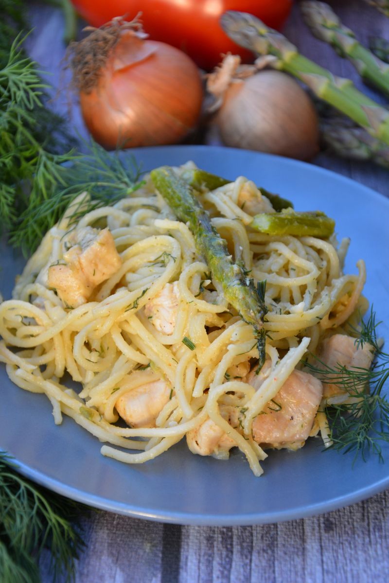 Spaghetti z kurczakiem i szparagami w sosie Spaghetti z kurczakiem i szparagami w sosie