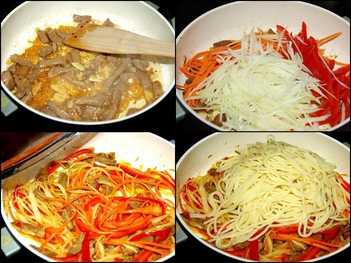 Spaghetti z wieprzowiną i warzywami
