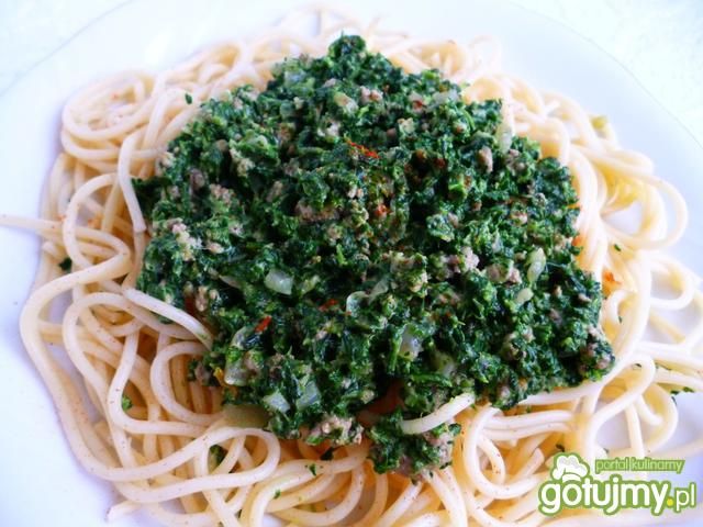 Spaghetti ze szpinakiem i mięsem mielony Spaghetti ze szpinakiem i mięsem mielony