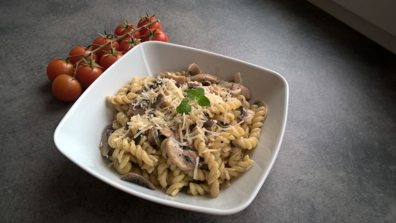 Świderki z pieczarkami w sosie śmietanowym