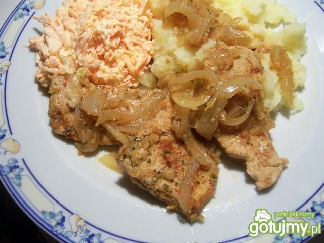 Sznycle indycze duszone z cebulą