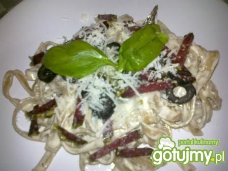 Tagliatelle w białym sosie z salami. Tagliatelle w białym sosie z salami.